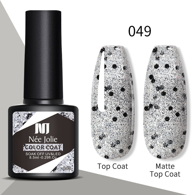 Gel nail polish color coat 049, speckled white with black dots; top and matte coats