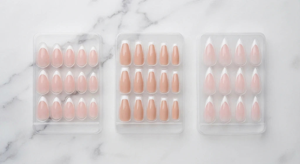 Assorted press-on nail tips with nude and pale peach shades in clear trays