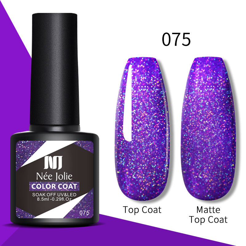 Gel color 075—vivid purple glitter top coat and matte top coat nails