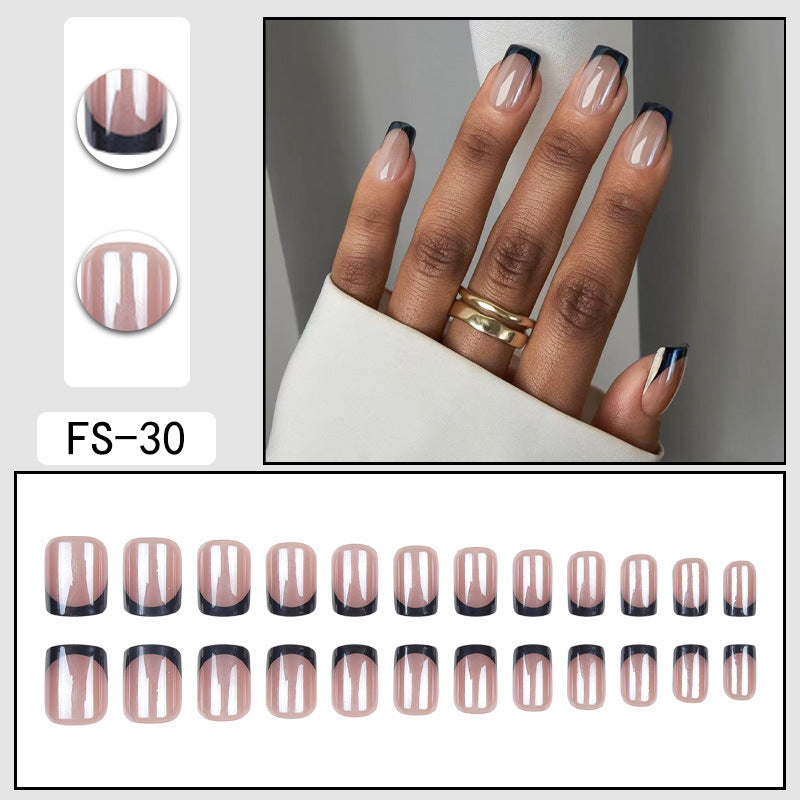 FS-30 nude press-on nails with dark navy tips and vertical stripe detail