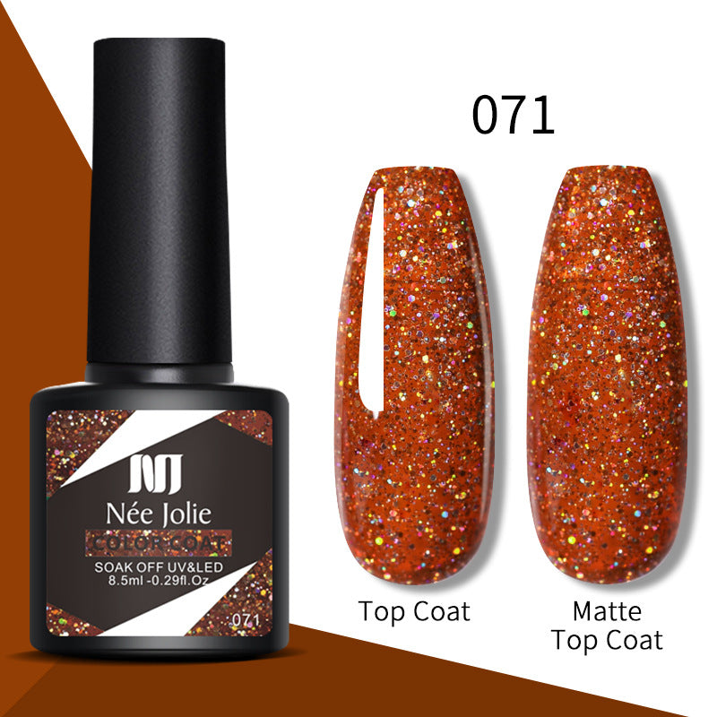 Gel color 071—copper orange glitter top coat and matte top coat nails