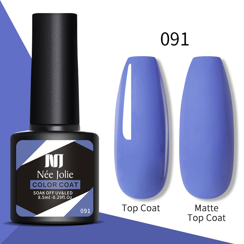 Gel nail polish set 091: bottle with glossy top coat and matte top coat nail swatches
