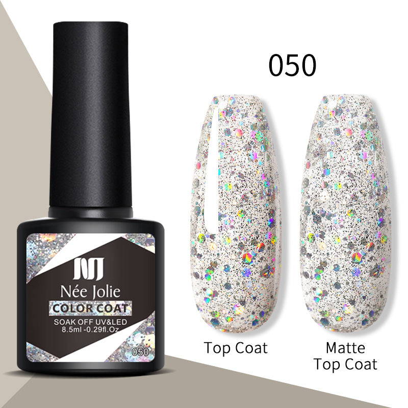 Gel nail polish color coat 050, glitter white with multicolor flecks; top and matte