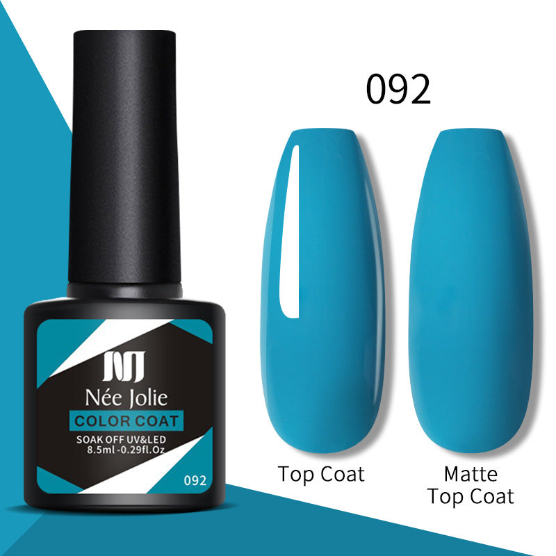 Gel nail polish set 092: bottle, glossy top coat nail swatch, and matte top coat swatch