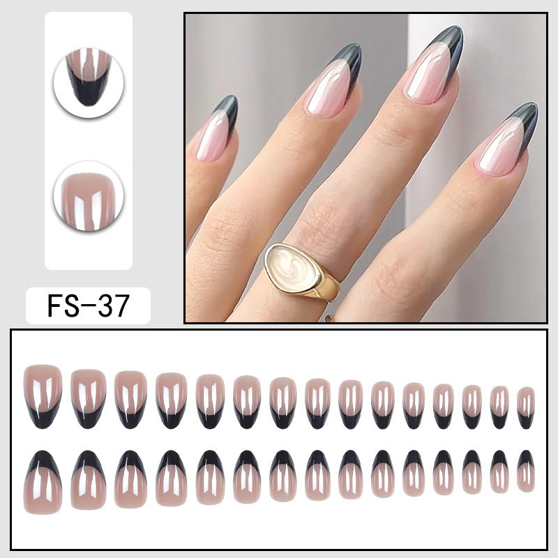 Reusable press-on nails, pale pink nude with glossy black half-moon tips (FS-37)