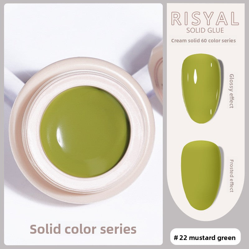Solid nail polish gel, mustard green cream color (#22) in jar with swatch