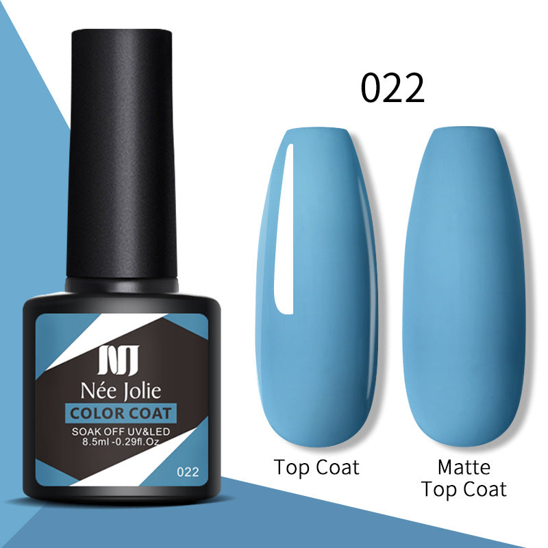 Nail gel color coat 022 medium blue with top coat and matte top coat swatches