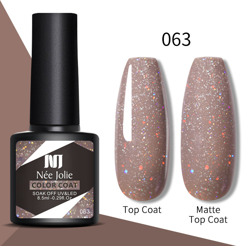 Nail gel color coat 063 in mauve nude glitter; top coat and matte top coat