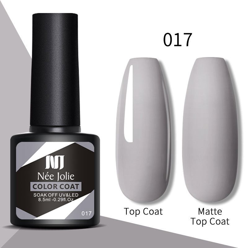 Nail gel color coat 017 light gray with top coat and matte top coat swatches