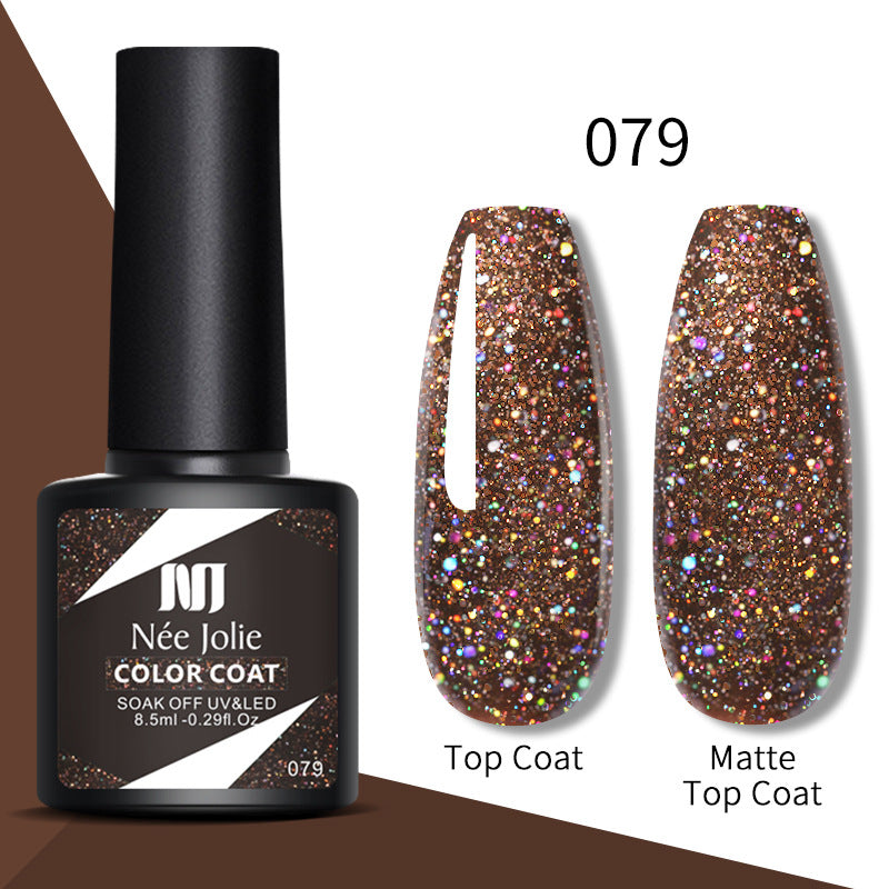Nail gel color coat 079: bronze-brown glitter, glossy top coat and matte top coat swatches