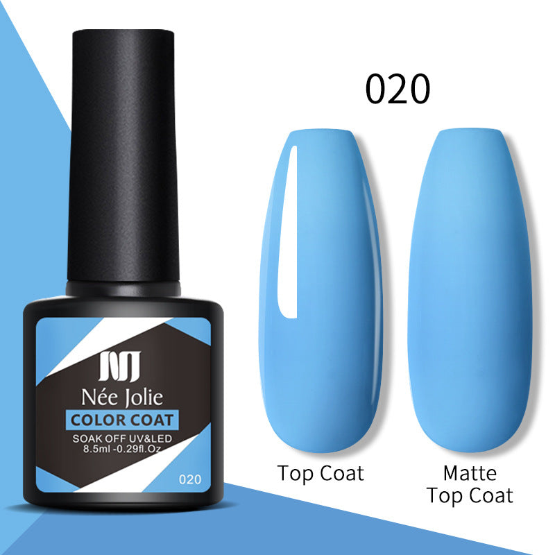 Nail gel color coat 020 blue with top coat and matte top coat swatches