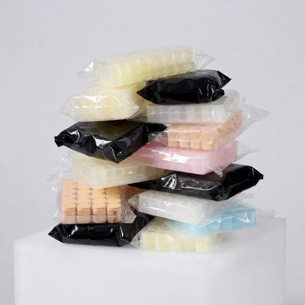 Nail jelly glue kit with tools, mixed nail tip packs in clear wrappers