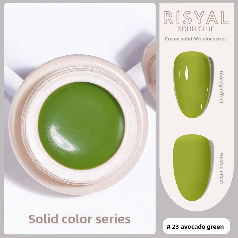 Solid nail polish gel, avocado green cream color (#23) in jar with swatch