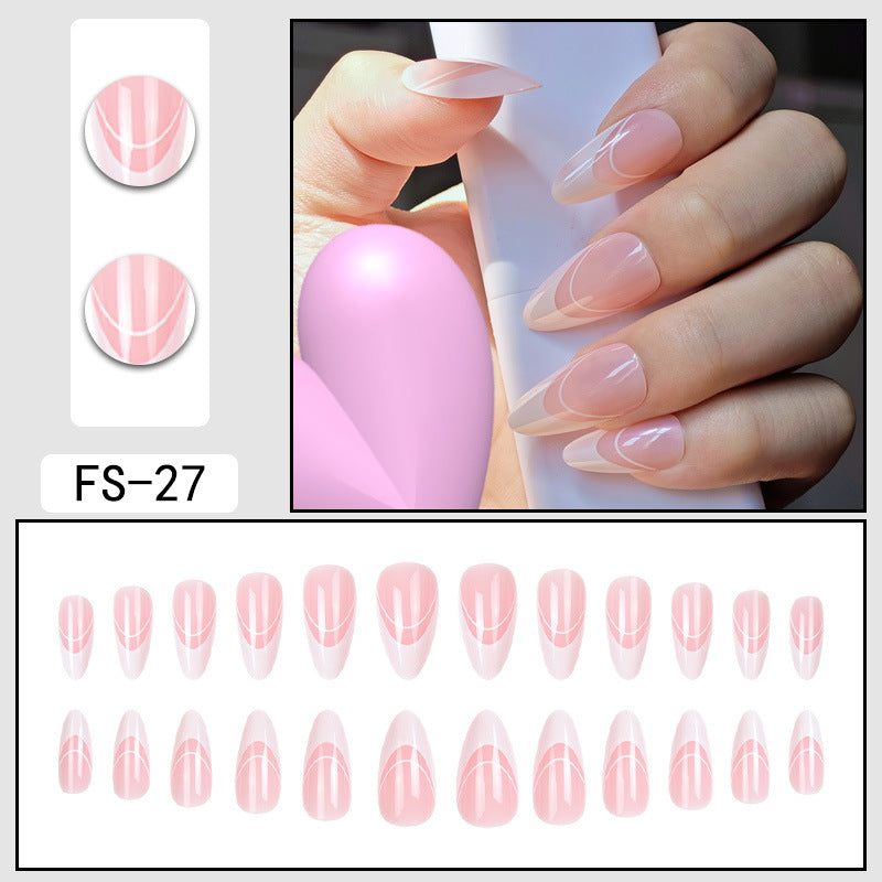 FS-27 sheer nude press-on nails with thin pink grid/line accents