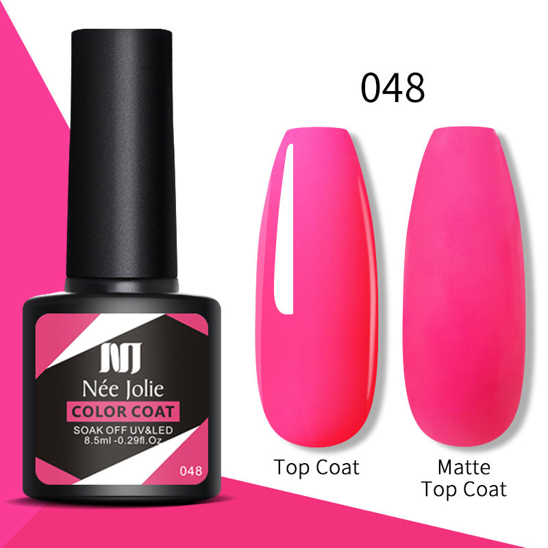 Gel nail polish color coat 048, hot pink; top coat and matte top coat shown