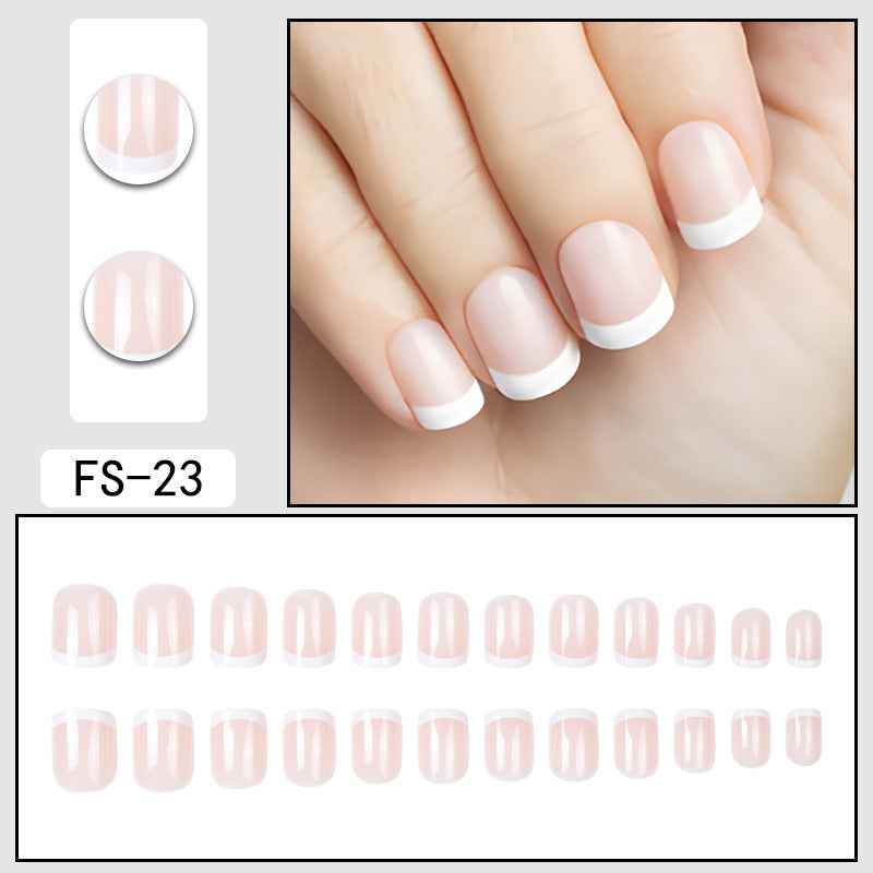 FS-23 sheer nude press-on nails with white French tips, glossy