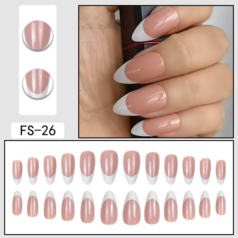 FS-26 nude press-on nails with bold white French tips, glossy finish