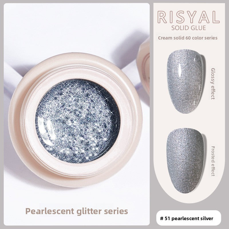 Silver pearlescent glitter solid gel polish in a round jar, sparkly shimmer finish