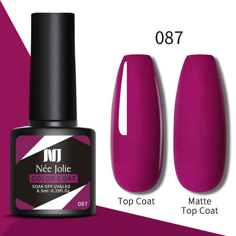 Gel nail polish set 087: bottle plus glossy top coat and matte top coat nail swatches