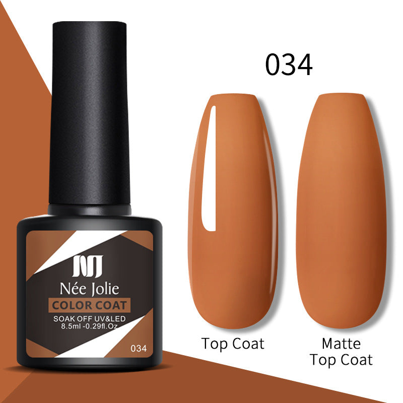 Gel nail color coat 034 with top coat and matte top coat, terracotta-orange swatches and bottle