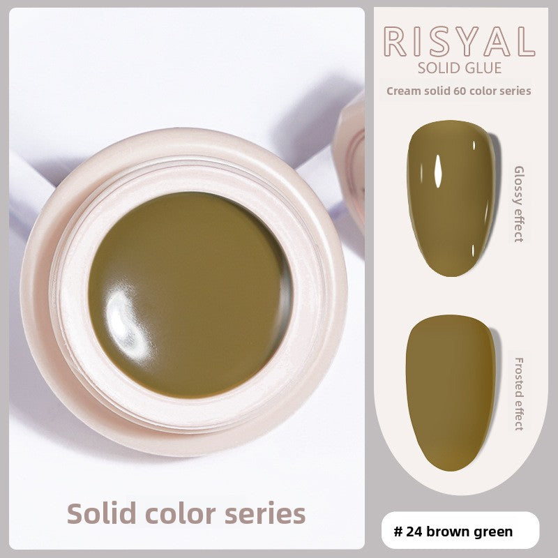 Solid nail polish gel, brown green cream color (#24) in jar with swatch