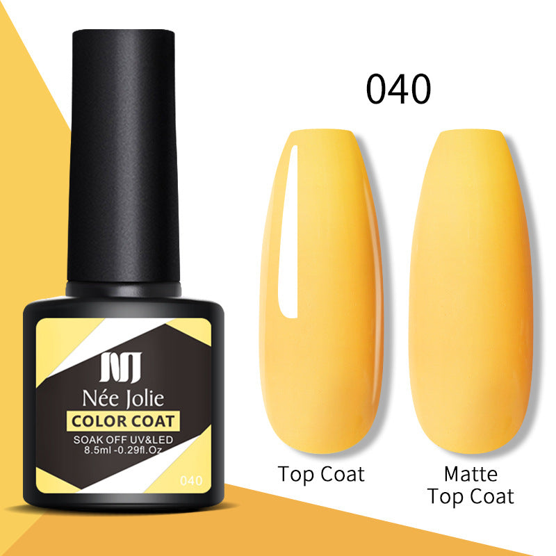 Nail gel color coat 040 in sunny yellow with glossy top coat and matte top coat swatches