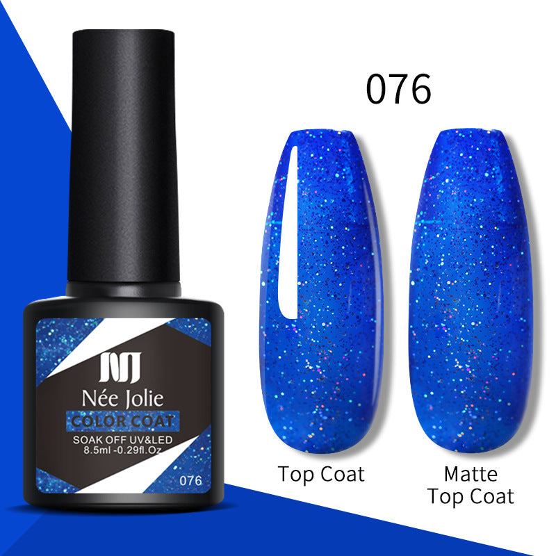 Nail gel color coat 076: blue glitter, glossy top coat and matte top coat swatches