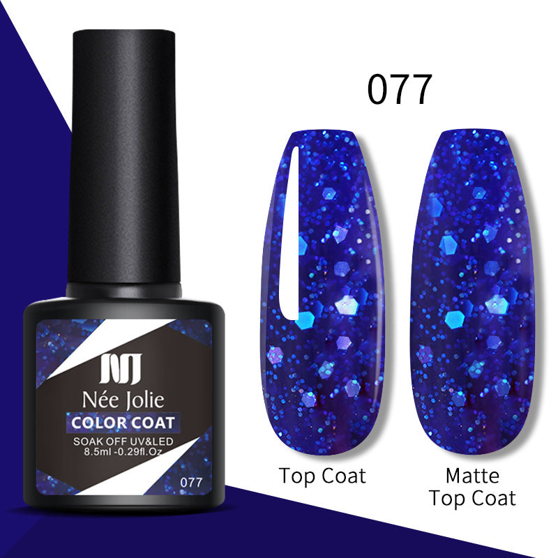 Nail gel color coat 077: cobalt blue glitter, glossy top coat and matte top coat swatches