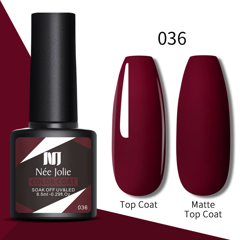 Nail gel color coat 036 in deep burgundy with glossy top coat and matte top coat swatches