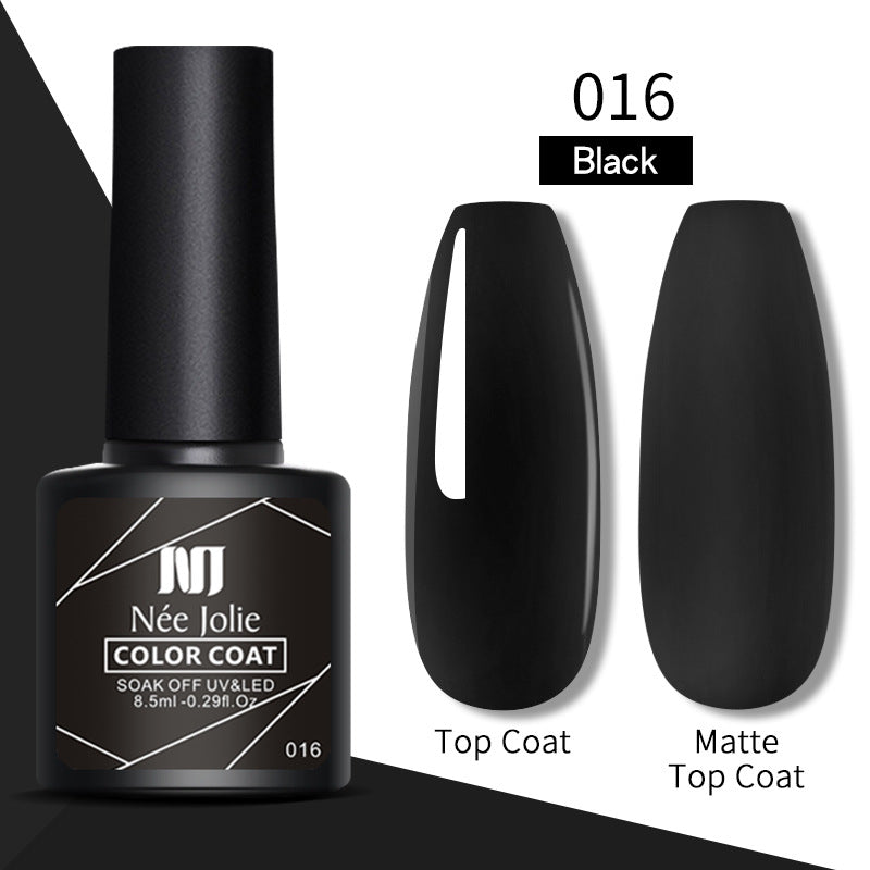 Nail gel color coat 016 black with top coat and matte top coat swatches