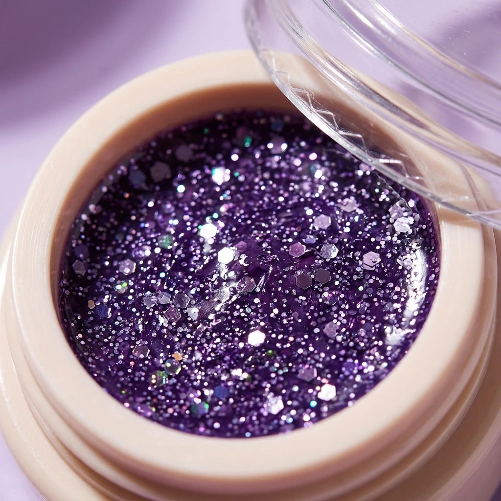 Solid nail polish glue pot filled with purple glitter, clear lid partially open
