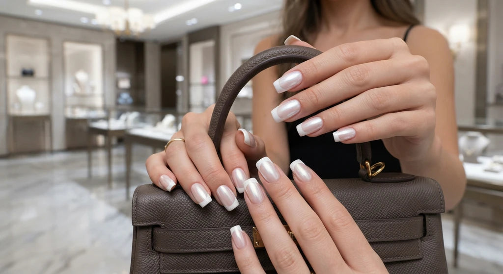 White French press-on nails on an oval tip shape, glossy finish