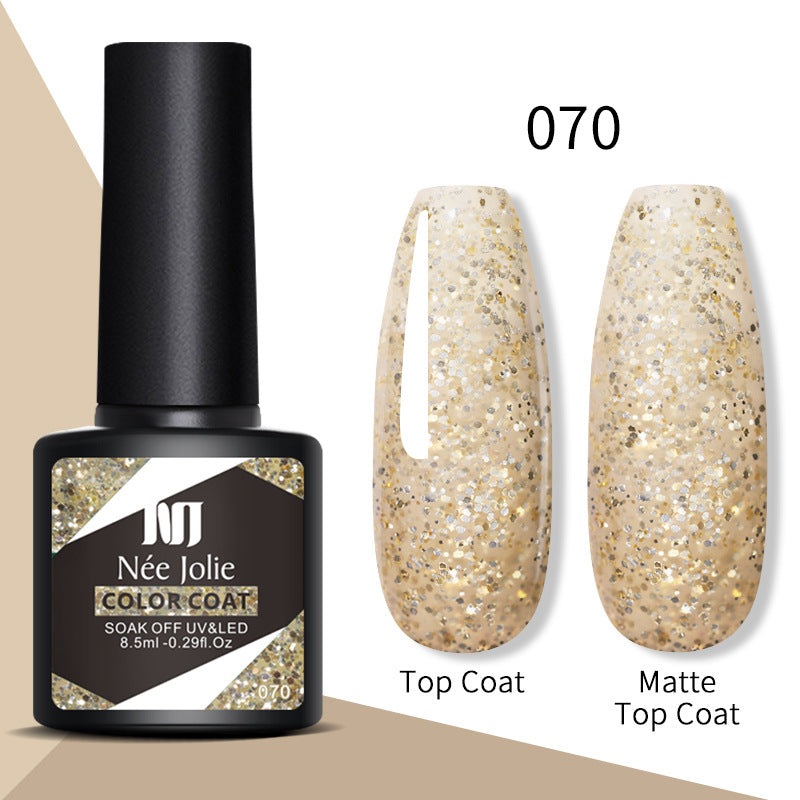 Gel color 070—gold glitter top coat and matte top coat nails