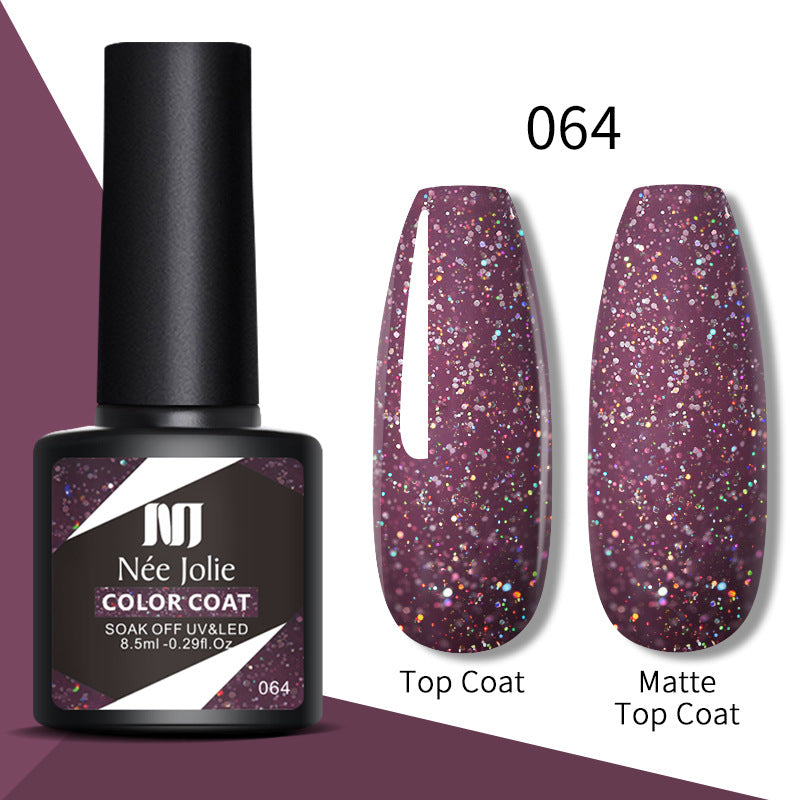 Nail gel color coat 064 in purple glitter; top coat and matte top coat shown