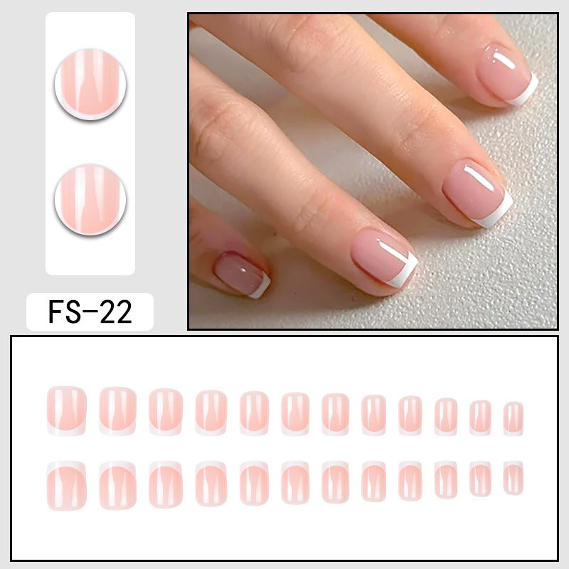 FS-22 pale pink press-on nails with white French tips, glossy