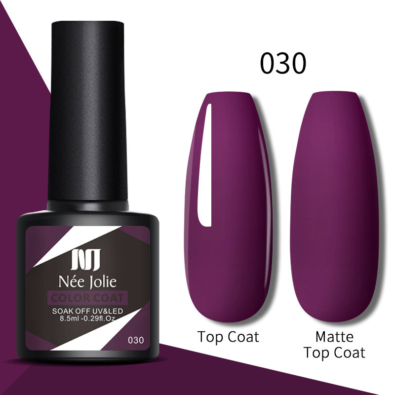 Gel nail color coat 030 with top coat and matte top coat, deep plum swatches and bottle