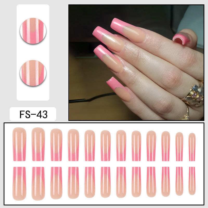 FS-43 press-on nails, glossy nude base with hot pink tips