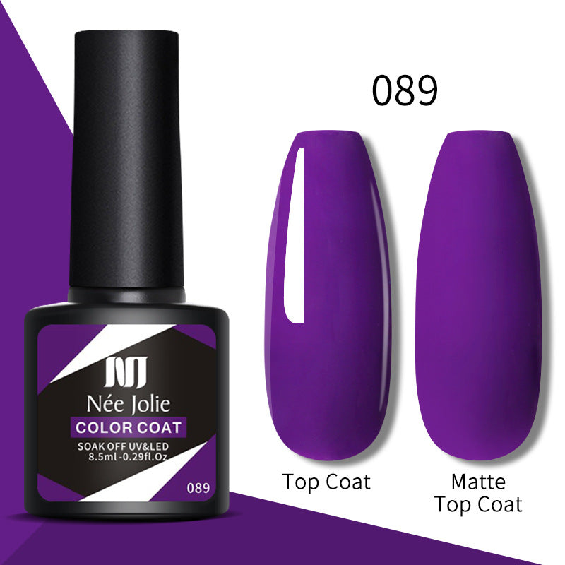 Gel nail polish set 089: bottle, glossy top coat swatch, and matte top coat swatch