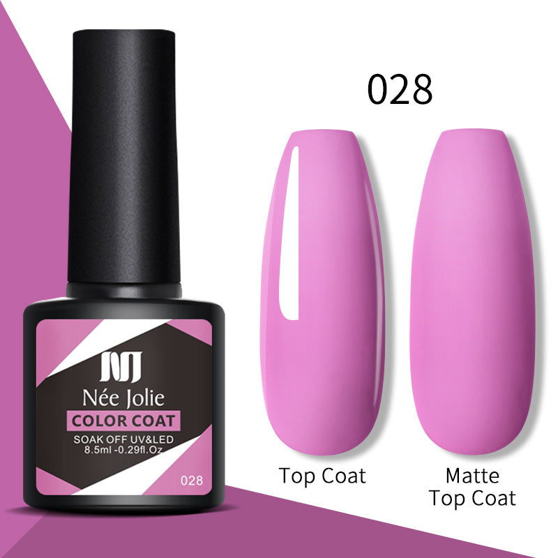 Gel nail color coat 028 with top coat and matte top coat, pink-purple swatches and bottle