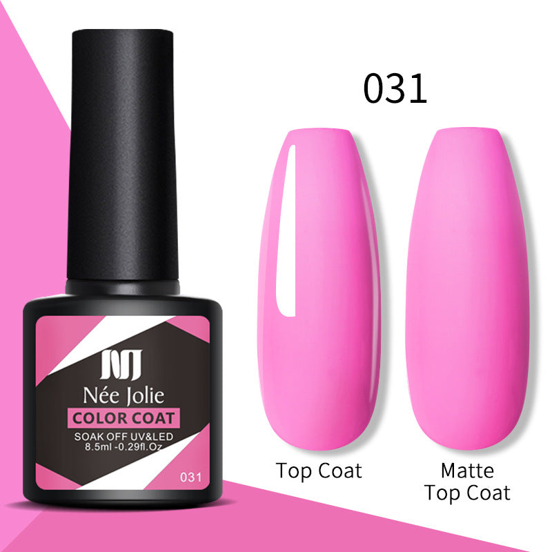 Gel nail color coat 031 with top coat and matte top coat, bright pink swatches and bottle