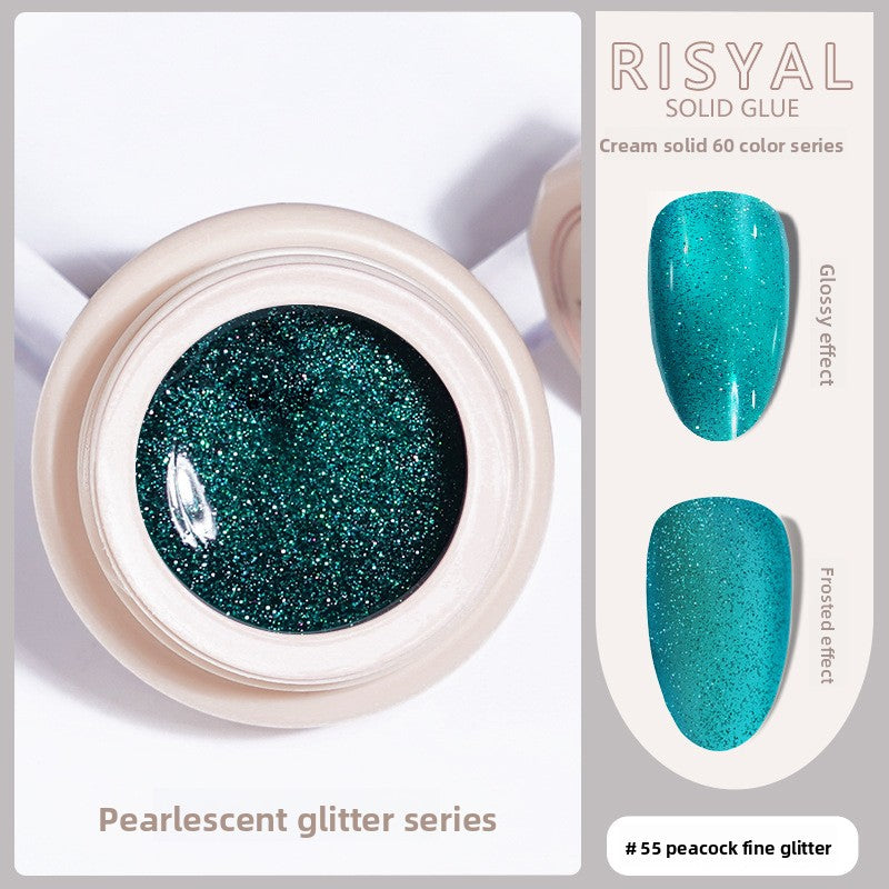 Peacock fine glitter solid gel polish in a round jar, teal-green sparkly glitter