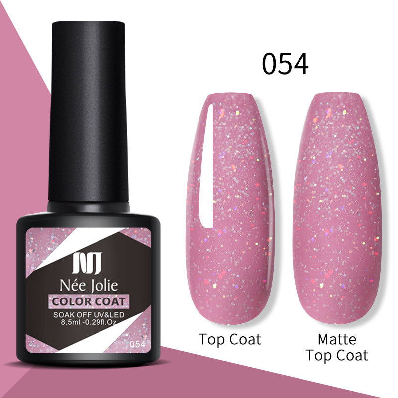 Gel nail polish color coat 054, light purple-pink glitter; top coat and matte top coat
