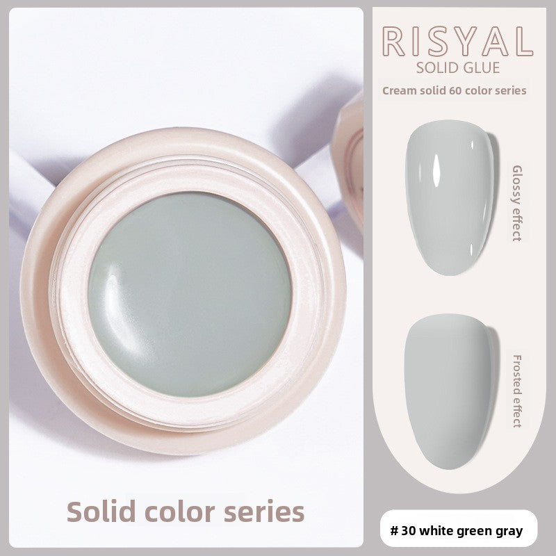 Solid nail polish gel, white green gray cream color (#30) in jar with swatch