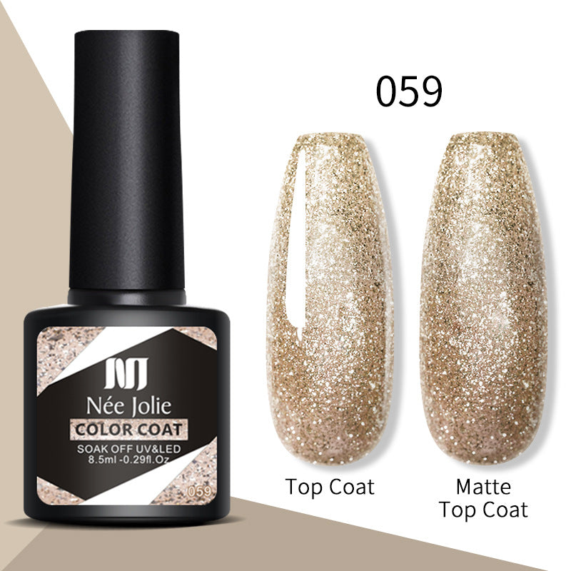 Nail gel color coat 059 in gold glitter; includes top coat and matte top coat