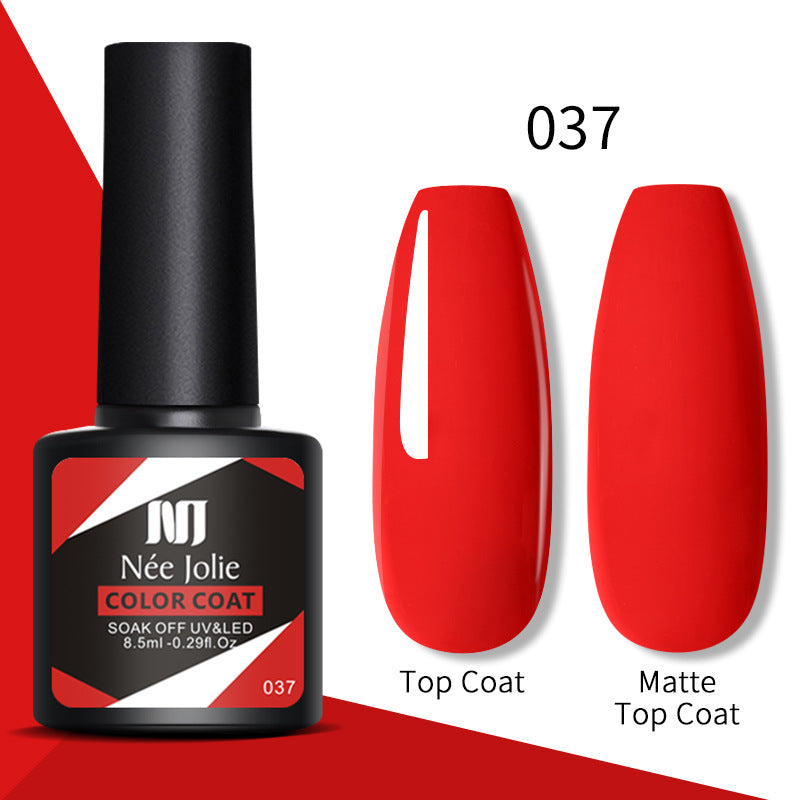 Nail gel color coat 037 in bright red with glossy top coat and matte top coat swatches