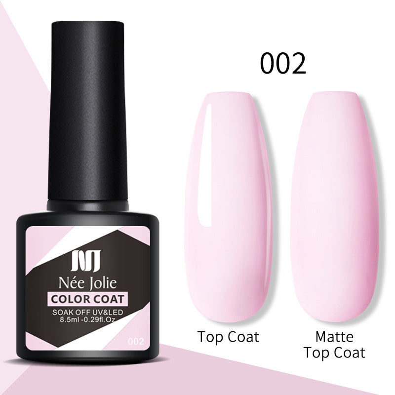 Color coat gel polish 002 with light pink top coat and matte top coat swatches