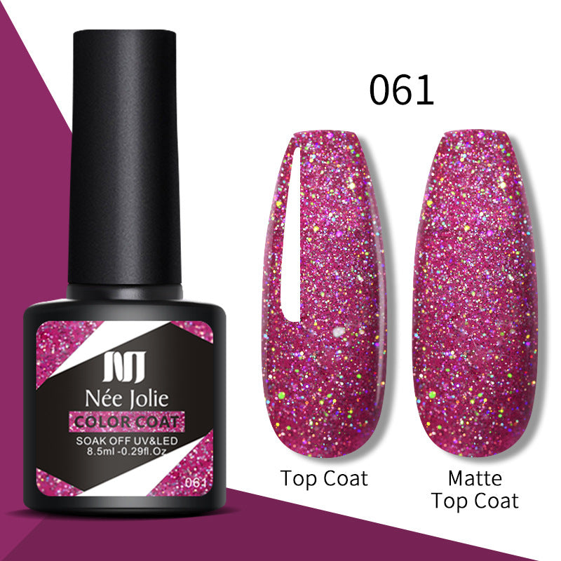 Nail gel color coat 061 in bright magenta glitter; top coat and matte top coat