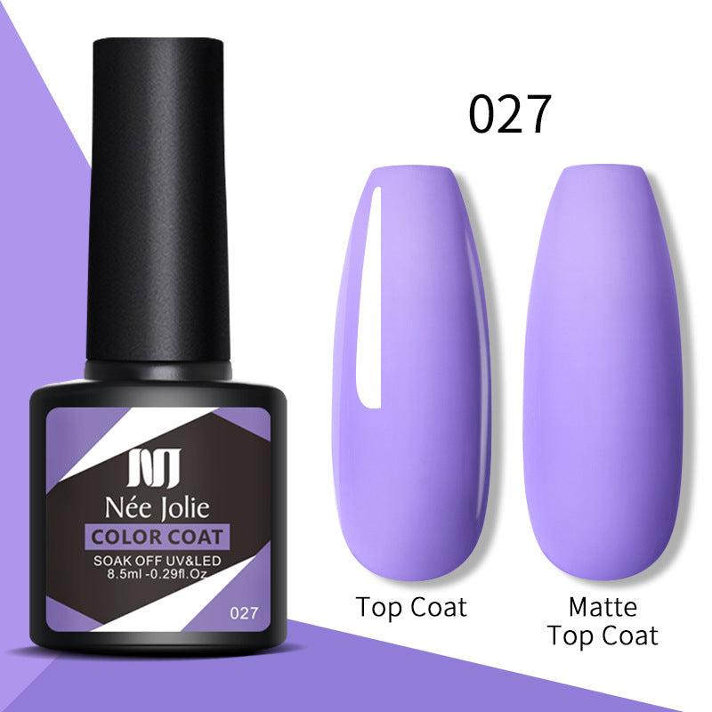 Gel nail color coat 027 with top coat and matte top coat, purple swatches and bottle