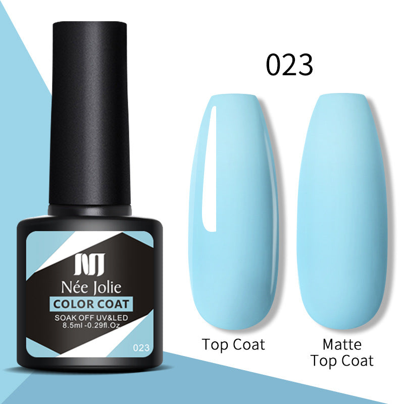 Nail gel color coat 023 light blue with top coat and matte top coat swatches