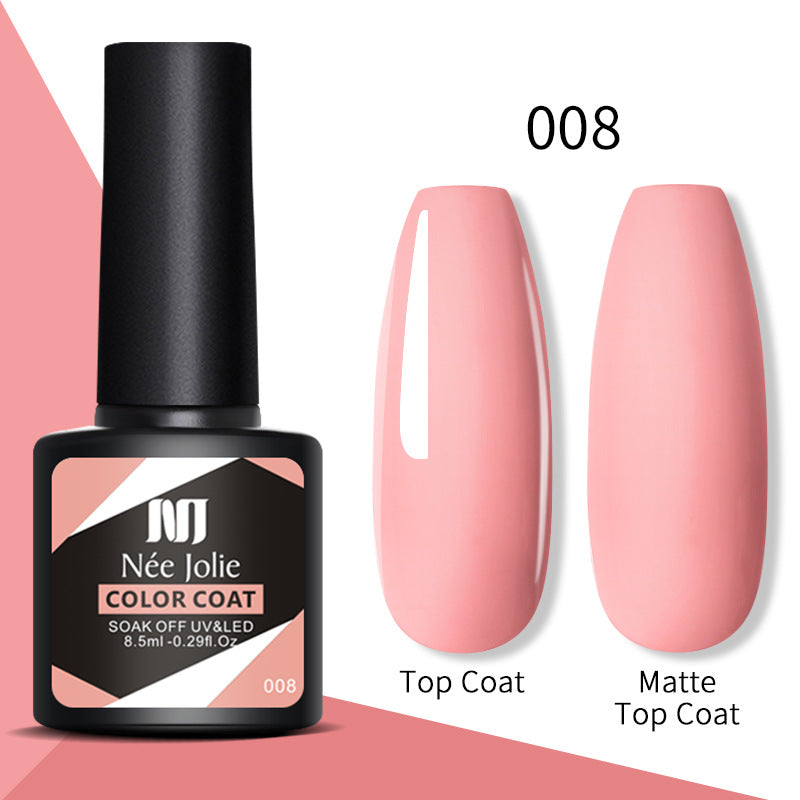 Nail gel color coat set 008: light coral pink top coat and matte top coat swatches.